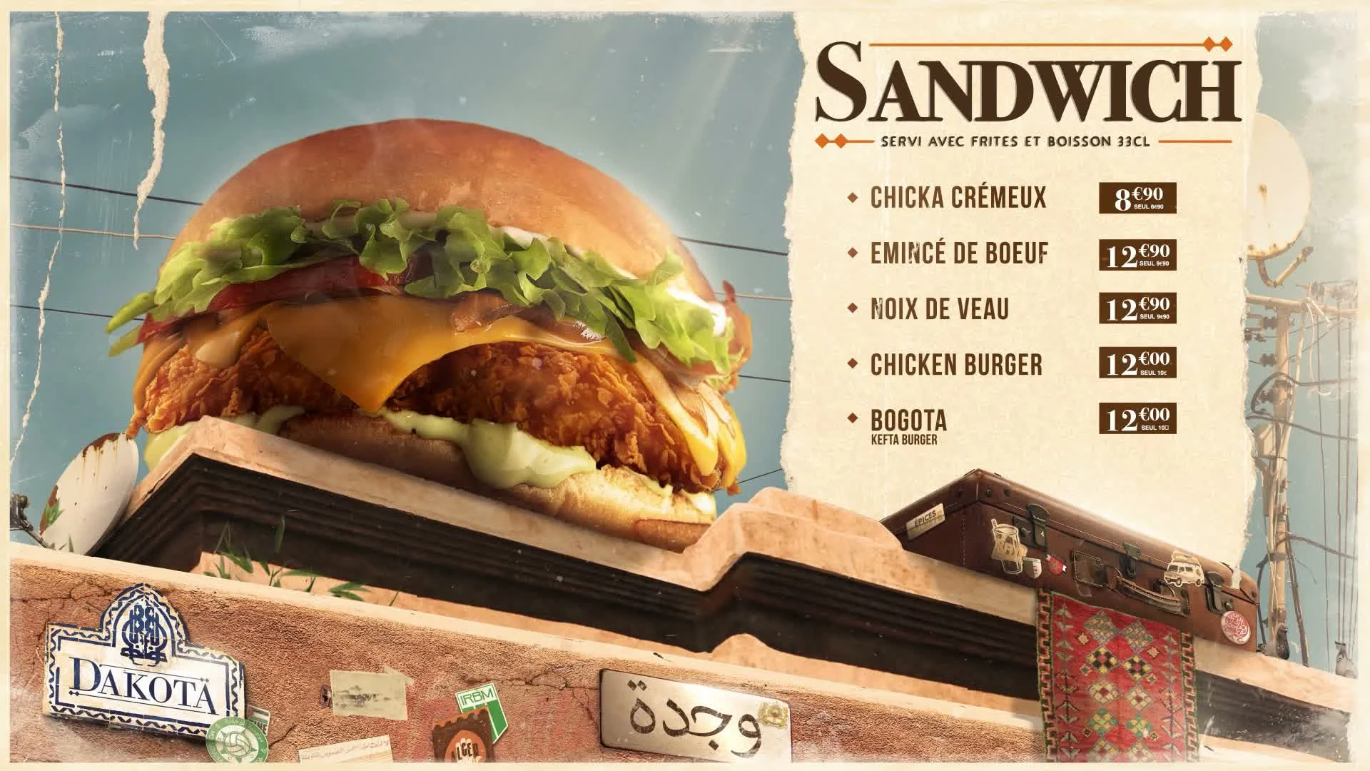 Un burger au poulet croustillant, fromage et crudités