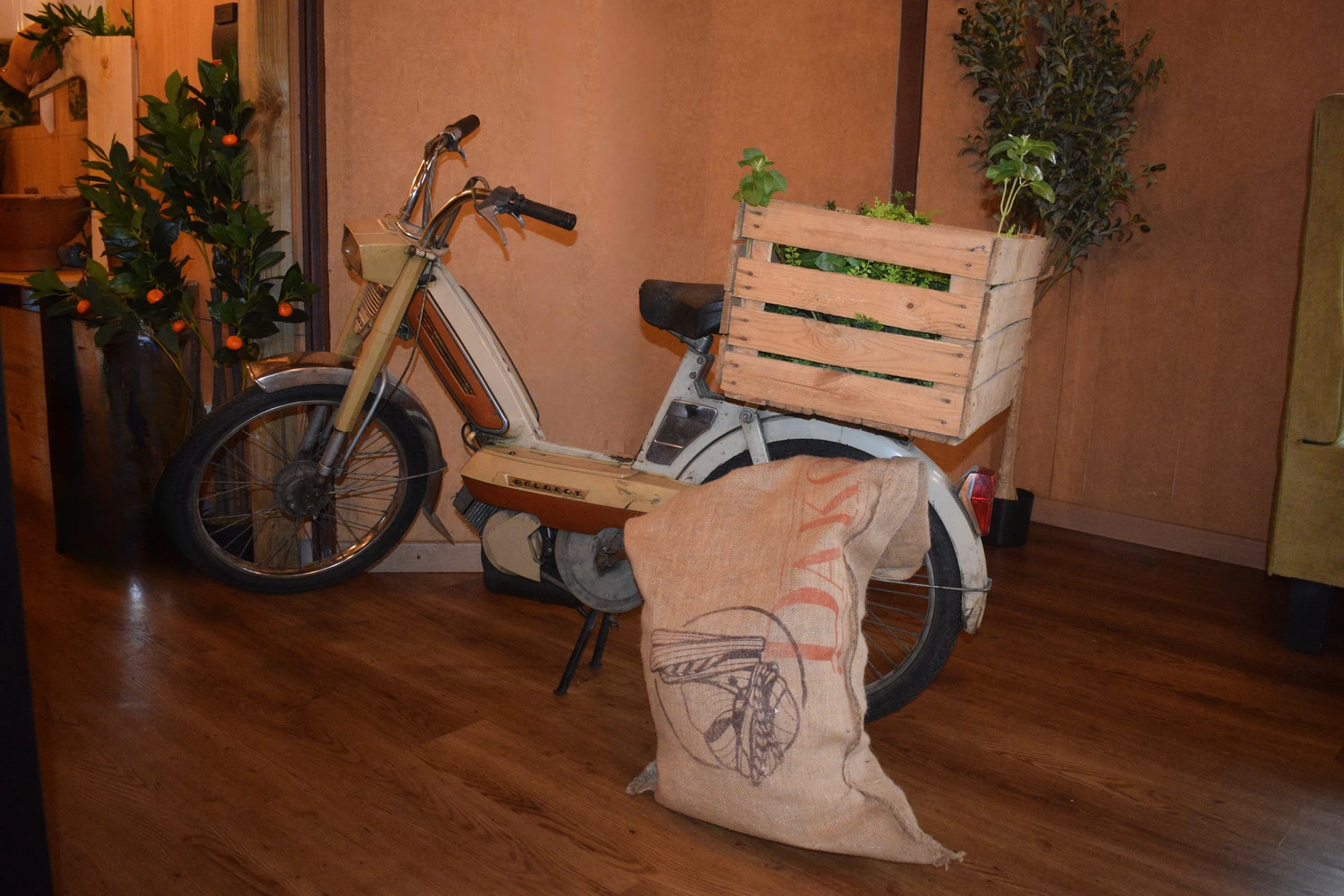 Une mobylette vintage et des objets chinés dans le décor du Dakota